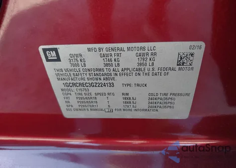 2016 Chevrolet Silverado 1500 1Lt z USA, uszkodzony, nr VIN 1GCRCREC3GZ224133